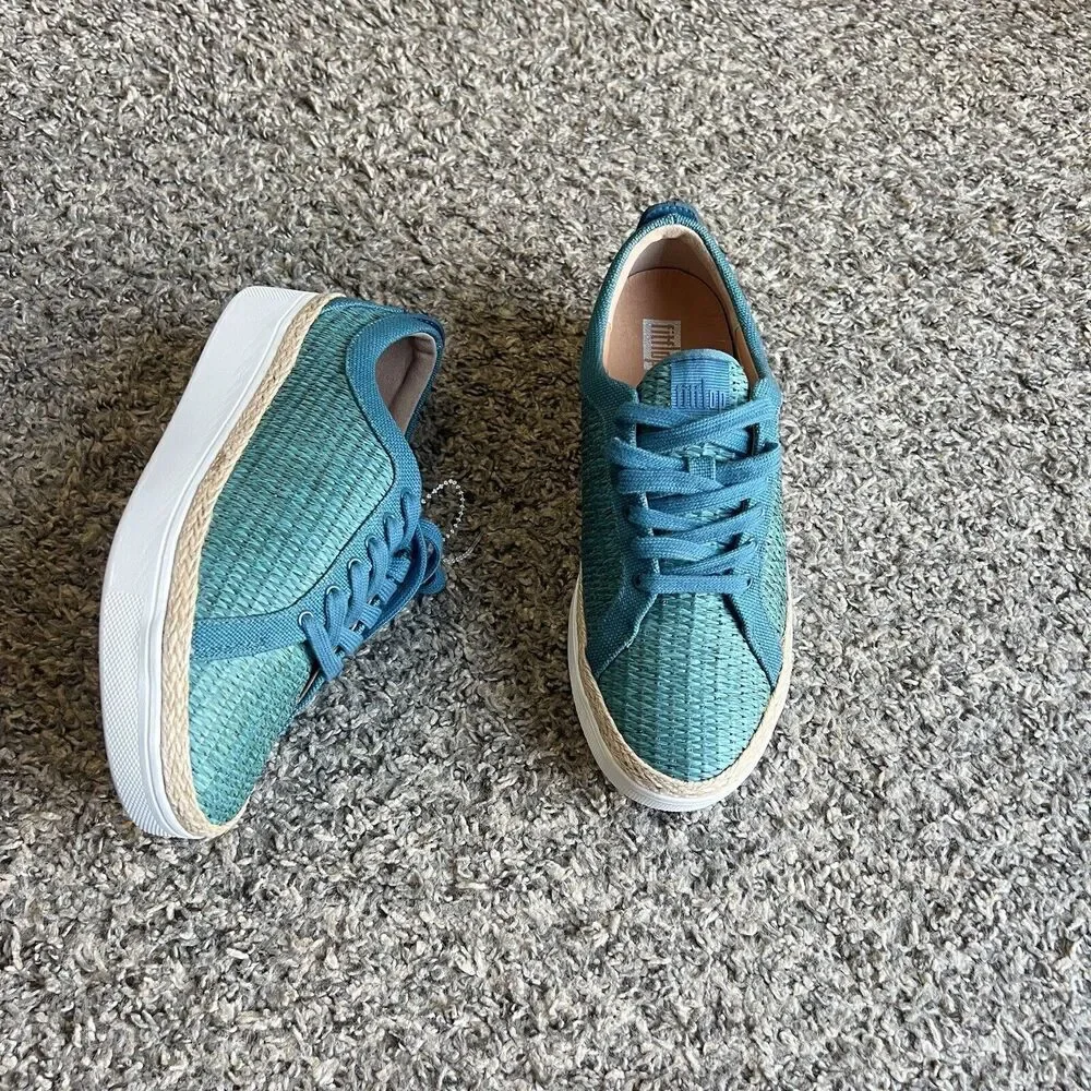 FitFlop Rally Basket Weave Raffia Fashion Sneakers Shoe Lace Blue Women US 5 New